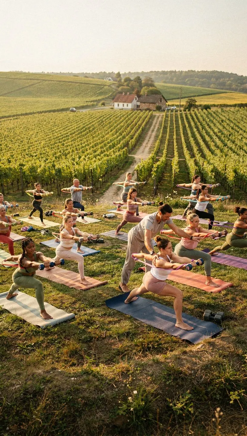 Grupa osÃ³b Ä‡wiczÄ…cych jogÄ™ z wykorzystaniem taÅ›m oporowych, koncentrujÄ…cych siÄ™ na tonowaniu ciaÅ‚a.